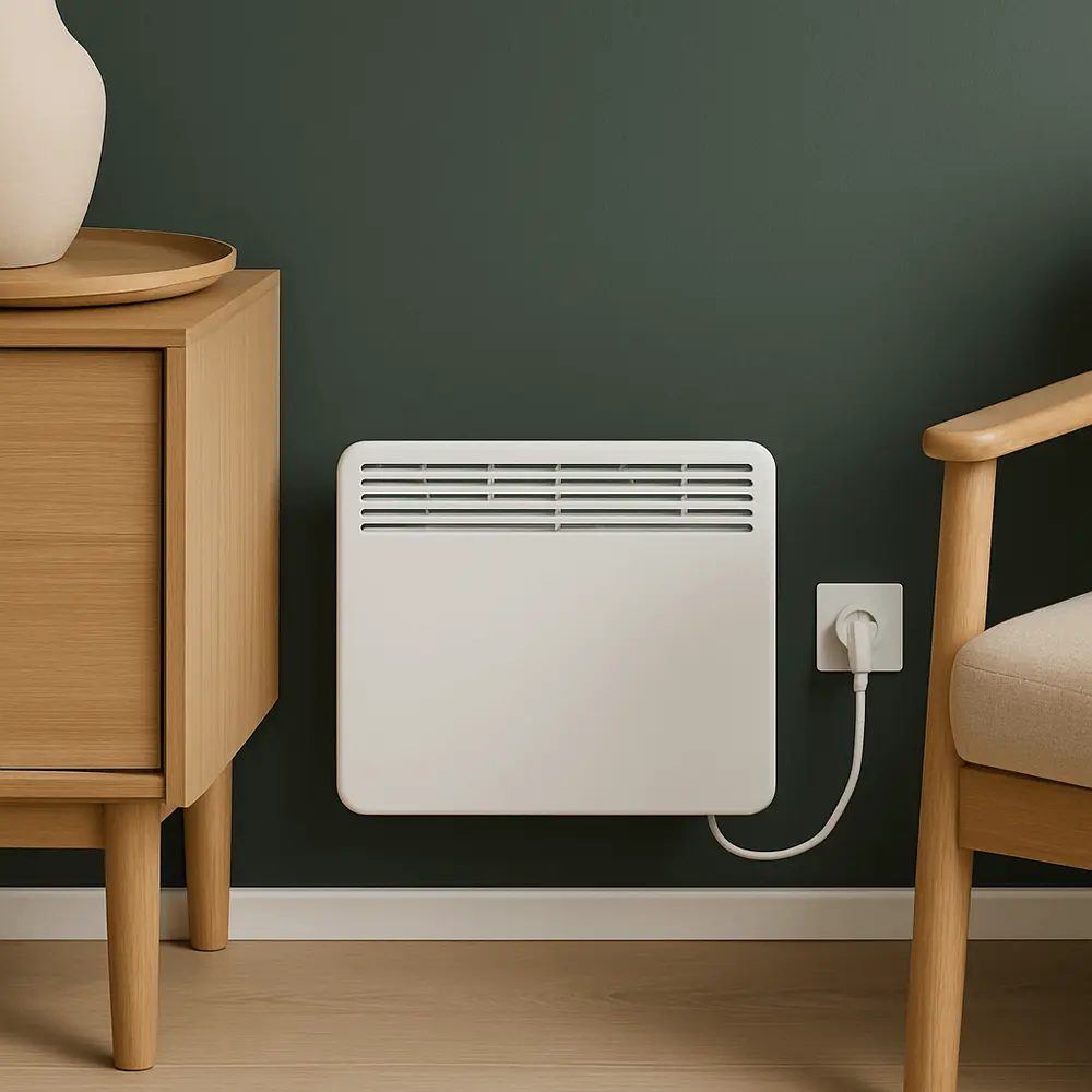 Electric radiator with smart plug in wooden cabin interior
