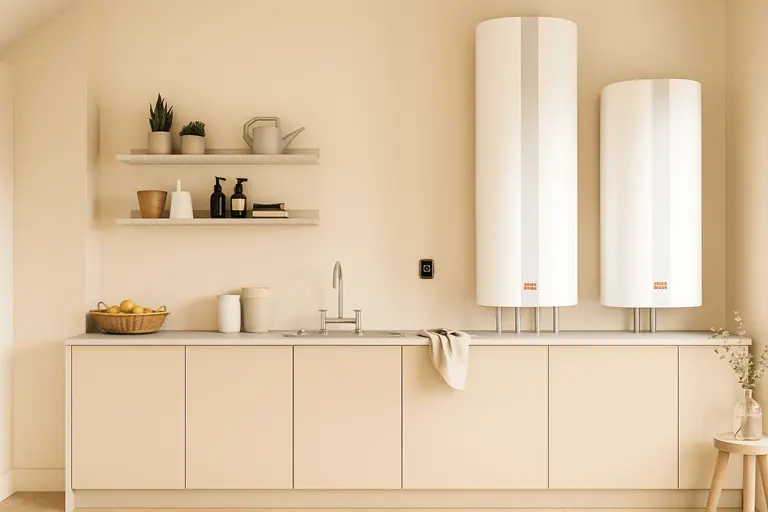 Moderne badeværelse med varmt vand fra HeatSync-styret varmtvandsbeholder